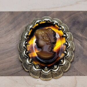 Vintage West Germany Signed Glass Cameo Brooch Pin Amber Caramel Color 1  1/2 "